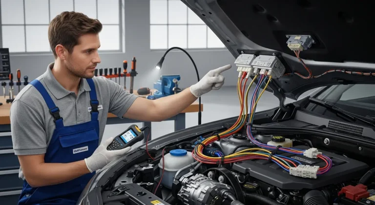 P0645 – Kontrolni krug releja spojke klima uređaja (A/C) Šema automobila prikazuje rele spojke klime (P0645), električne veze i mesto greške u A/C sistemu, automobilska elektronika.