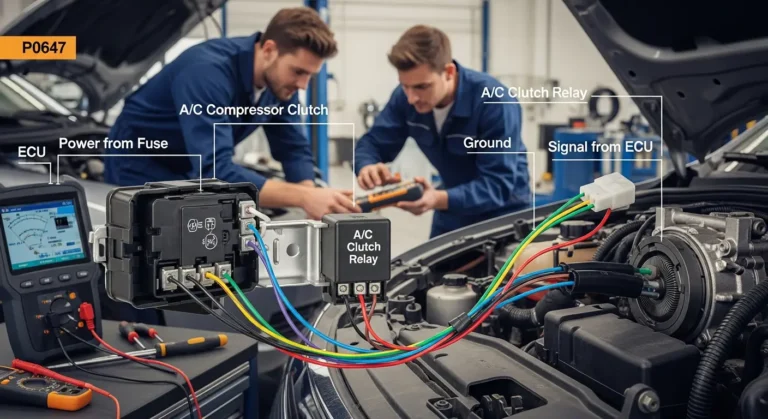 P0647 – Krug upravljanja releja spojke klima uređaja Šema automobilskog A/C sistema, označen relej spojnice klime (P0647), prikaz električne instalacije i mogućeg prekida u kontrolnom kolu.