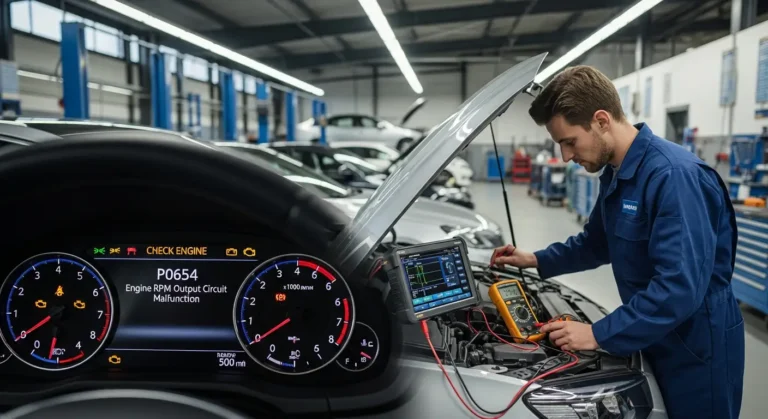 P0654 – Neispravnost izlaznog kola obrtaja motora Dijagnostički skener prikazuje grešku P0654, problem sa izlaznim kolom broja obrtaja motora, ilustracija automobilskog motora i elektronike.