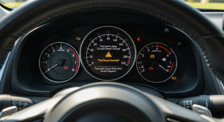 P0656 – Neispravnost izlaznog kola pokazivača nivoa goriva Instrument tabla sa upaljenom lampicom za grešku, prikazuje P0656 kod, problem sa izlaznim kolom za nivo goriva u automobilu.