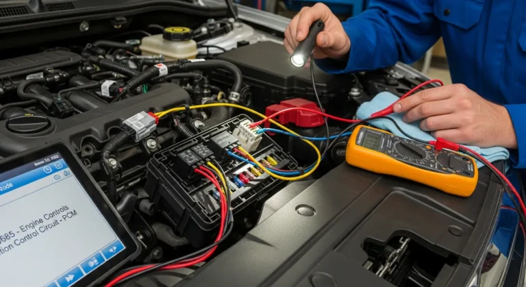 P0685 – Kontrolni krug releja paljenja motora (PCM) Sistem automobila prikazuje relej paljenja i PCM, sa dijagramom električne šeme i istaknutom greškom P0685 u autoelektronici.