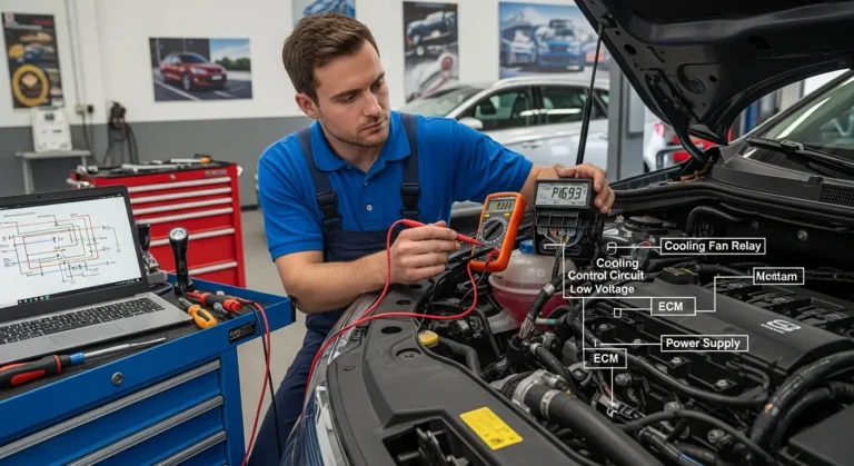 Automobilski motor sa prikazom releja ventilatora hlađenja, istaknuta kontrolna ploča sa greškom P0693 - nizak napon u relejnom kolu.