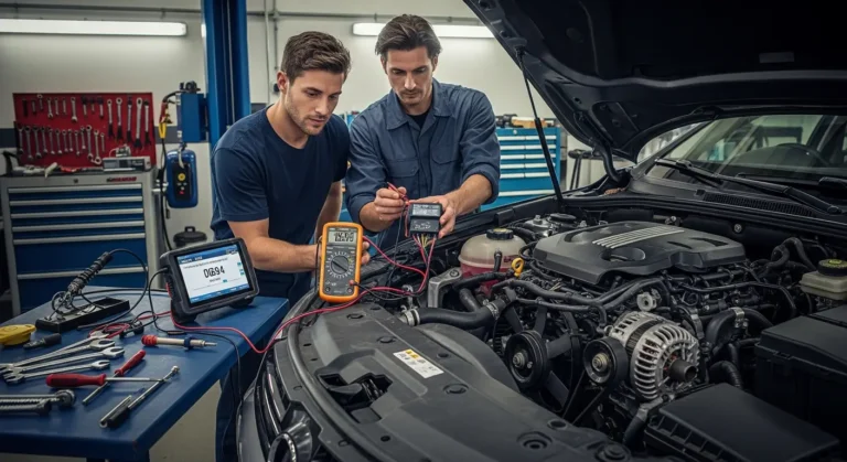 P0694 – Visoki napon u krugu upravljanja relejem ventilatora za hlađenje Automobilski rele hladnjaka, dijagnostička greška P0694, visoki napon u kontrolnom krugu releja ventilatora, prikaz elektronske komponente i žica.