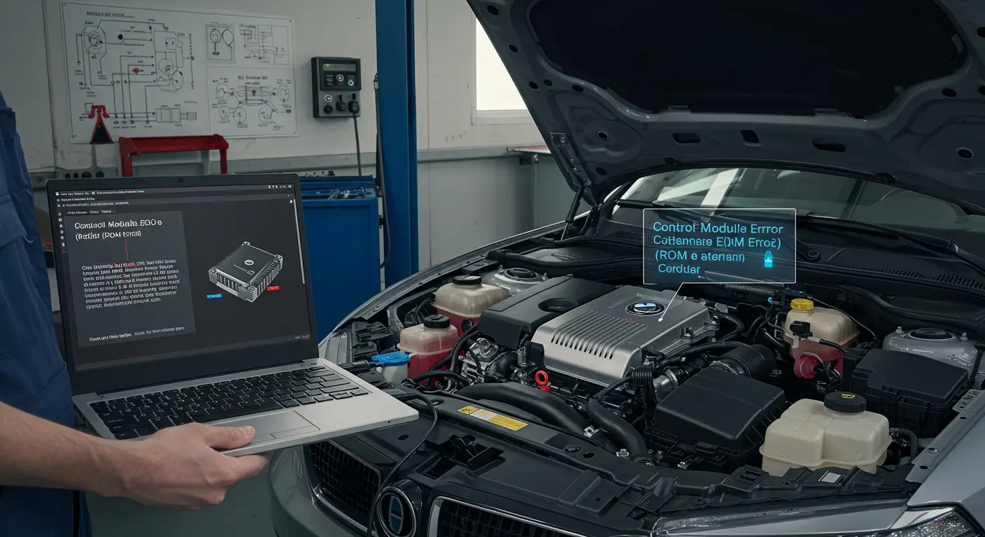 Prikaz automobilske instrument table sa upaljenom lampicom za proveru motora i dijagnostičkim uređajem koji pokazuje grešku P0605 – problem sa ROM-om kontrolnog modula.