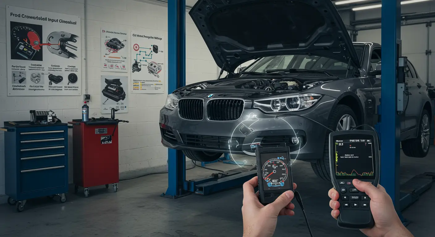 Prikaz instrument table automobila sa upaljenom lampicom za proveru motora i dijagnostičkim skenerom priključenim ispod volana. Skener na ekranu prikazuje kod greške P0725 - problem sa ulaznim krugom za brzinu motora.