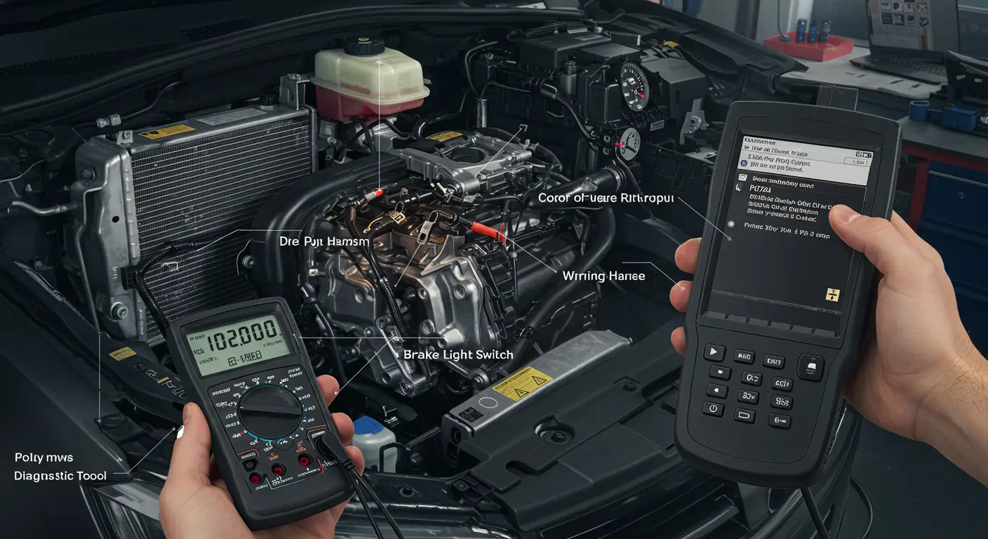 Prikaz instrument table automobila sa upaljenom lampicom za proveru motora i dijagnostičkim uređajem koji prikazuje kod greške P0724 – visok signal u krugu prekidača kočnice.