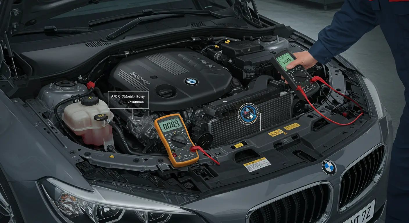 Šema automobilske električne instalacije prikazuje rele za A/C spojnicu sa označenim žicama i komponentama vezanim za kontrolu klima uređaja. Crvena strelica ukazuje na lokaciju P0645 greške u kolu releja.