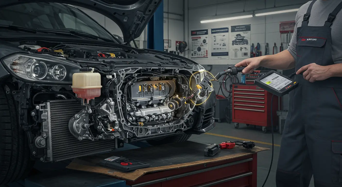 Senzor brzine izlaza na menjaču automobila sa prikazanim električnim konektorima i dijagnostičkim alatima oko njega. Na ekranu dijagnostičkog uređaja vidi se šifra greške P0721.