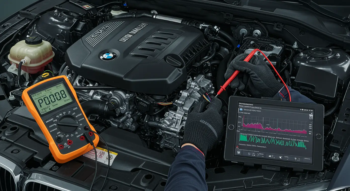 Senzor brzine turbine u automobilu prikazan sa označenim mestom greške P0718 na električnom konektoru.
Automobilska instrument tabla sa upaljenom lampicom za proveru motora i dijagnostičkim kodom P0718 na ekranu.