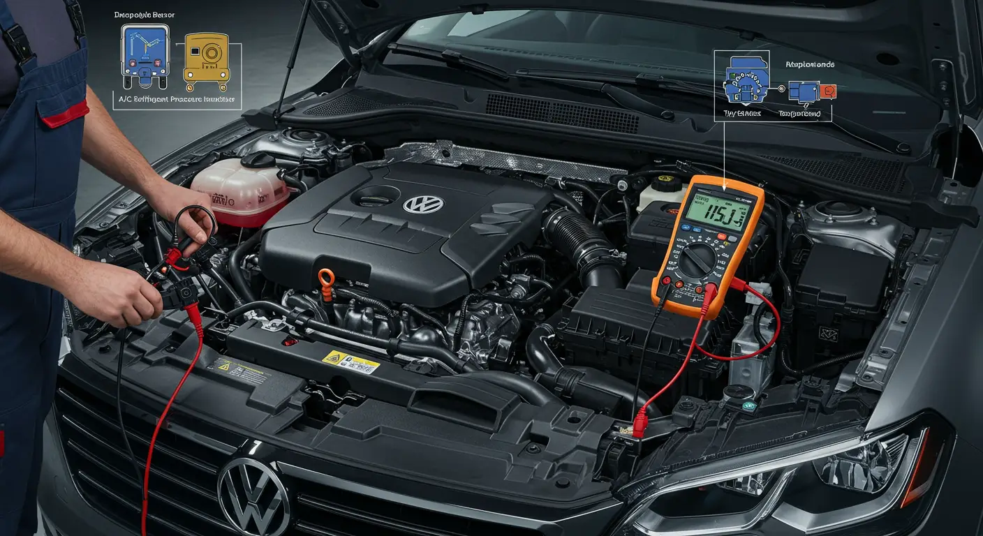 Senzor pritiska rashladnog sredstva u automobilskom A/C sistemu sa prikazom visokog napona na dijagnostičkom alatu.
Dijagnostički skener prikazuje grešku P0533 vezanu za A/C senzor pritiska rashladnog sredstva u motoru automobila.