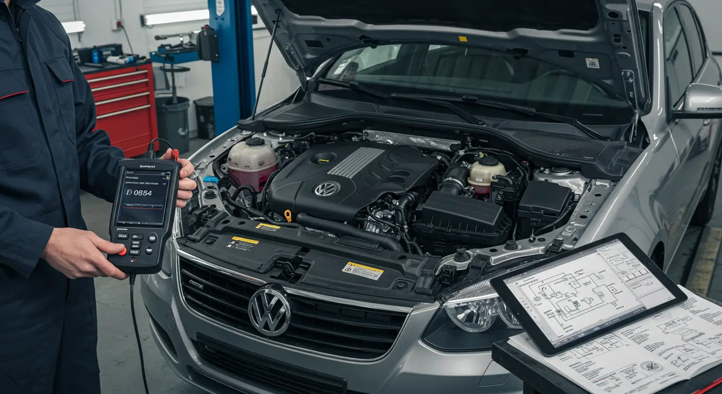 Senzor pritiska servo upravljača prikazan u motoru automobila, sa istaknutim kablovima i oznakom koda greške P0554.
Svetli lampica upozorenja na instrument tabli, signalizirajući problem sa senzorom pritiska servo upravljača (P0554).