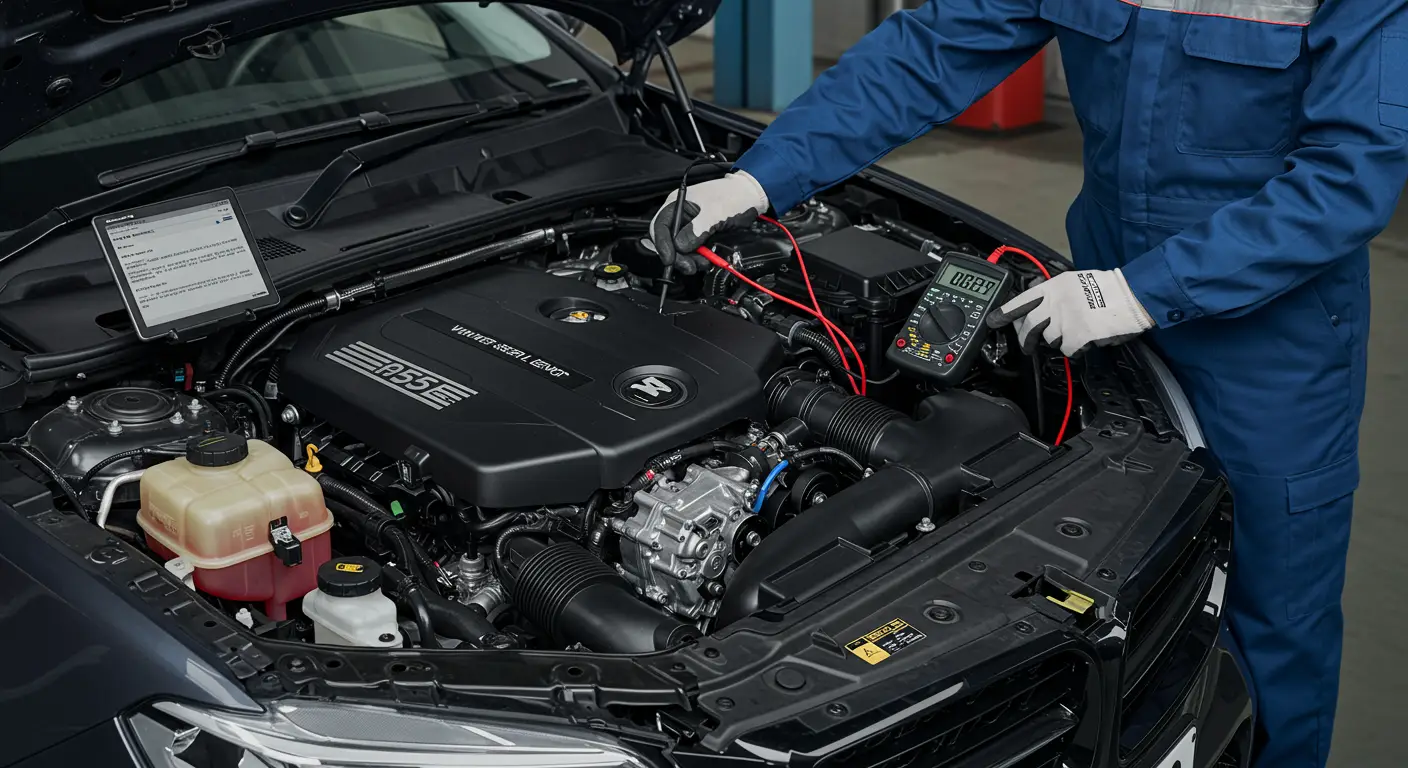 Senzor pritiska servo upravljača u automobilu sa prikazanim električnim konektorima i upozorenjem na grešku P0552. Na ekranu instrument table vidi se signal upozorenja za servo upravljač.