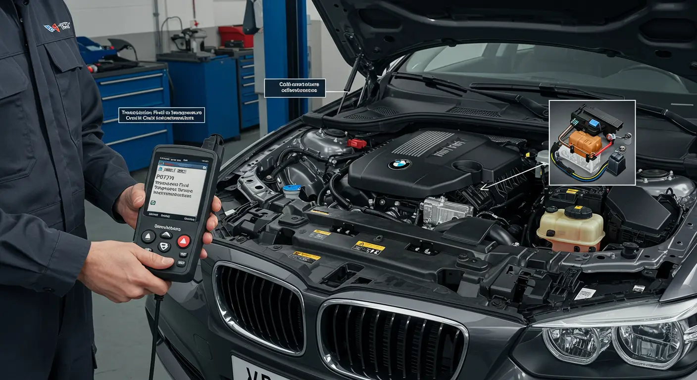 Senzor temperature ulja menjača sa prikazanim električnim konektorima i dijagramom za dijagnostikovanje greške P0714.