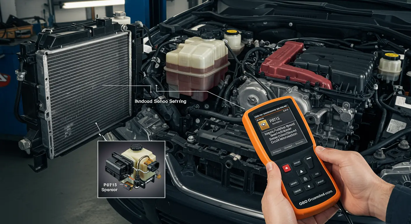 Senzor za obrtaje turbine automatskog menjača sa prikazanim kablovima i konektorima, ilustracija koda greške P0715.