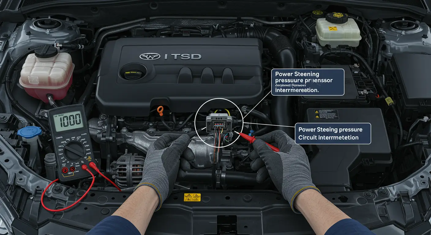 Senzor za pritisak servo volana u automobilu sa prikazom električnih priključaka i signalnih žica. Na ekranu dijagnostičkog alata prikazan je kod greške P0554.