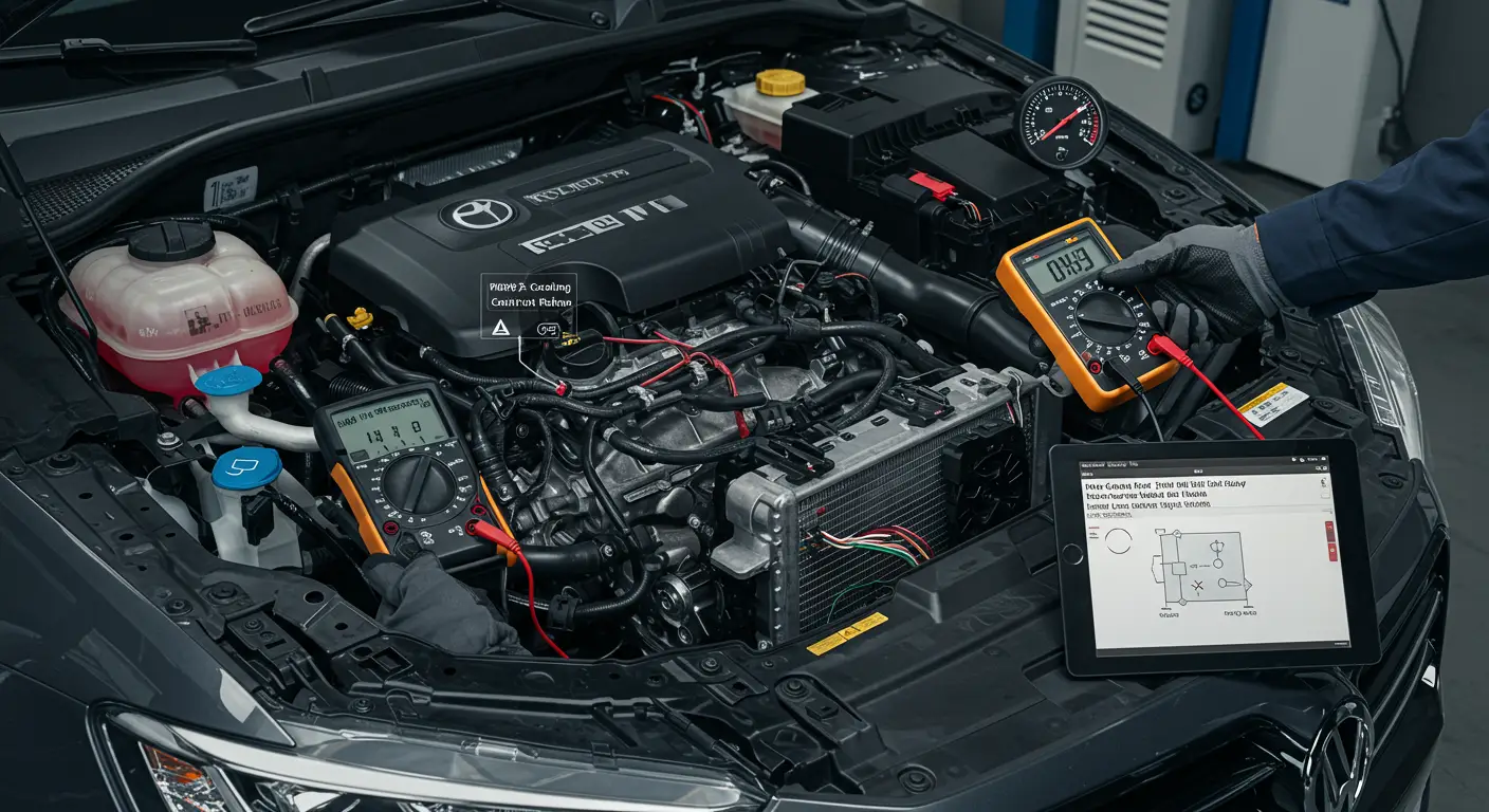 Slika prikazuje dijagnostički skener priključen na OBD2 priključak automobila, na ekranu je kod greške P0692 koji se odnosi na visok napon u krugu releja ventilatora za hlađenje.