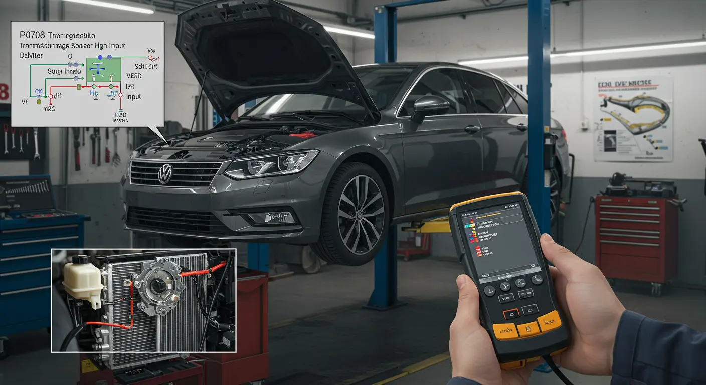 Slika prikazuje instrument tablu automobila sa upaljenom check engine lampicom i dijagnostičkom greškom P0708 koja ukazuje na visok napon u krugu senzora opsega menjača. U pozadini se vidi ručica automatskog menjača u neutralnom položaju.