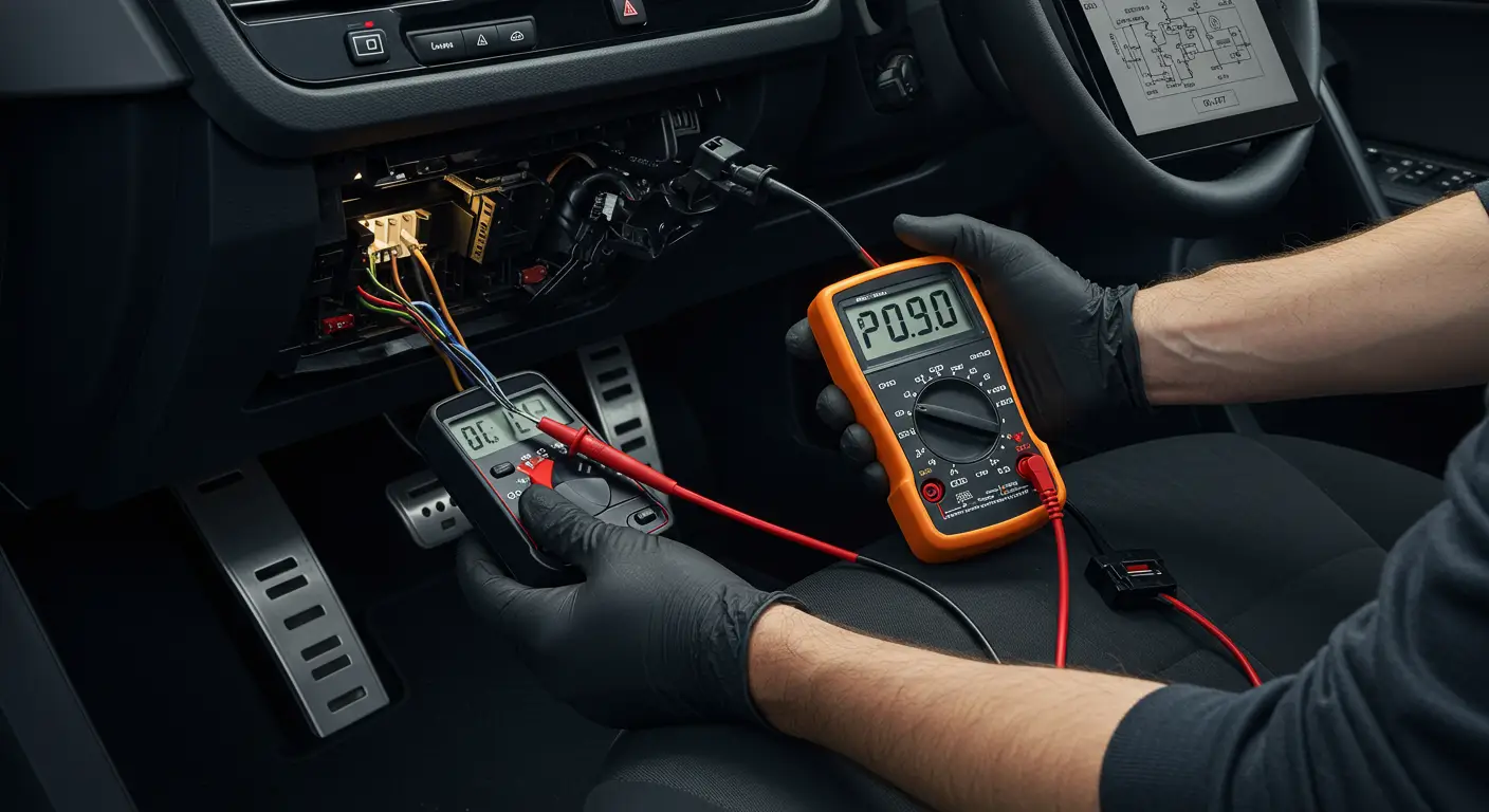 Slika prikazuje instrument tablu automobila sa upaljenom lampicom za grešku, ukazujući na problem sa P0571 - prekidačem kočnice tempomata. Elektronski dijagram prikazuje vezu između prekidača kočnice i sistema tempomata.