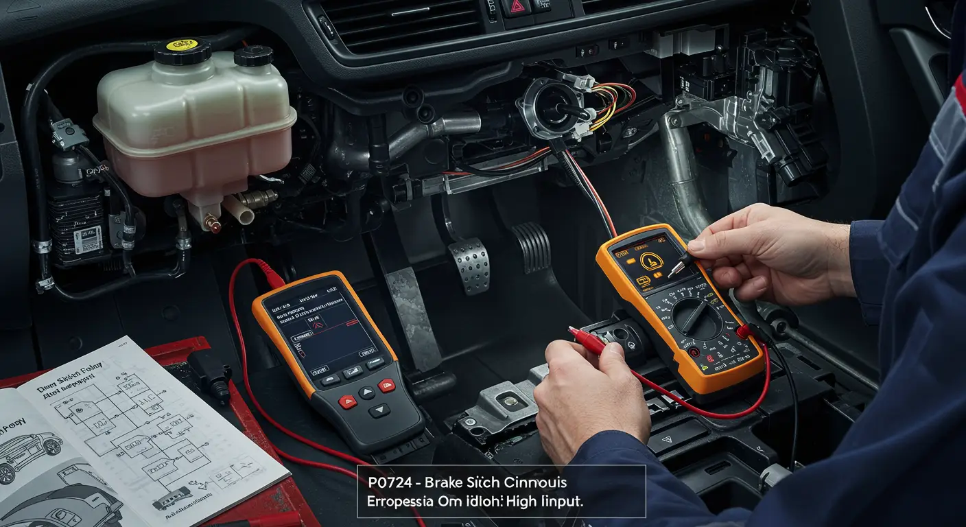 Slika prikazuje instrument tablu automobila sa upaljenom lampicom za upozorenje, naglašavajući dijagnostički kod greške P0724 koji ukazuje na problem sa prekidačem kočnice – visok ulazni signal u kolu.