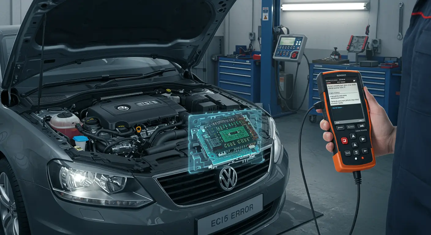 Slika prikazuje kontrolni modul automobila sa prikazom koda greške P0601, koji označava problem sa ROM memorijom modula. Na ekranu dijagnostičkog uređaja vidi se poruka o grešci koja sugeriše kvar na elektronskoj kontroli vozila.