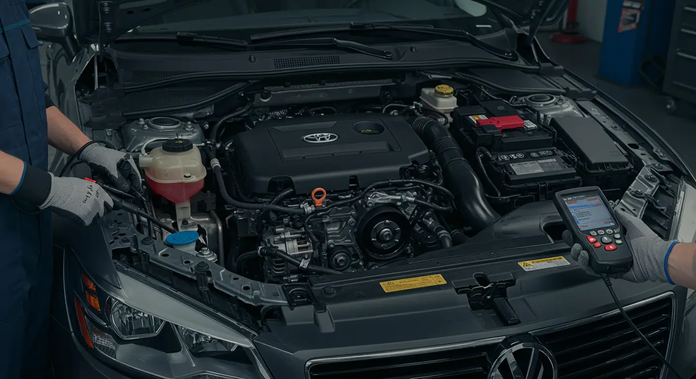 Slika prikazuje motor automobila sa označenim senzorom pritiska servo upravljača i dijagnostičkim alatom koji prikazuje kod greške P0551.