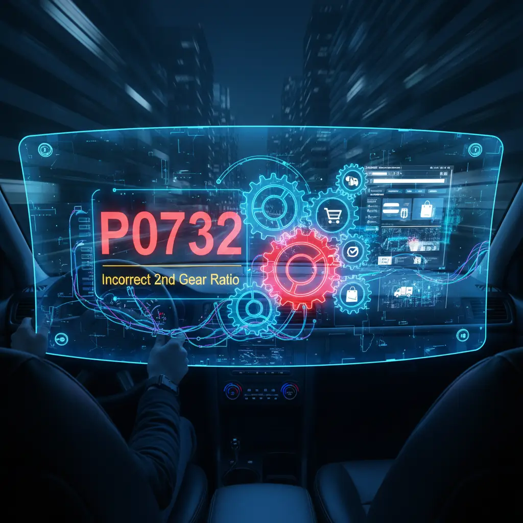 Automobilska instrument tabla sa upaljenom lampicom za proveru motora i dijagnostičkim uređajem koji prikazuje grešku P0732 – Pogrešan odnos druge brzine.