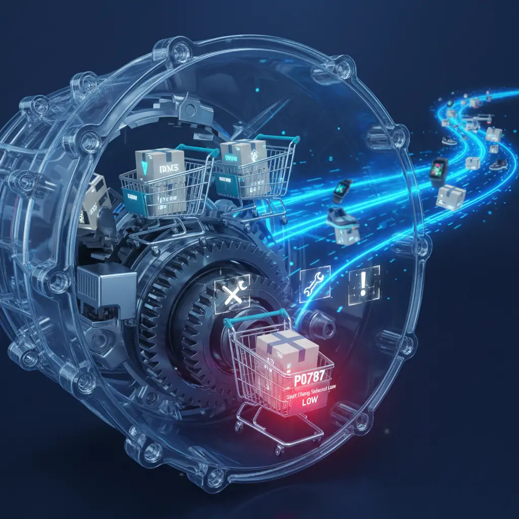 Automobilska instrument tabla sa upaljenom lampicom za proveru motora, dok dijagram prikazuje poziciju solenoida za promenu brzina (P0787 - Shift/Timing Solenoid Low) unutar automatskog menjača.