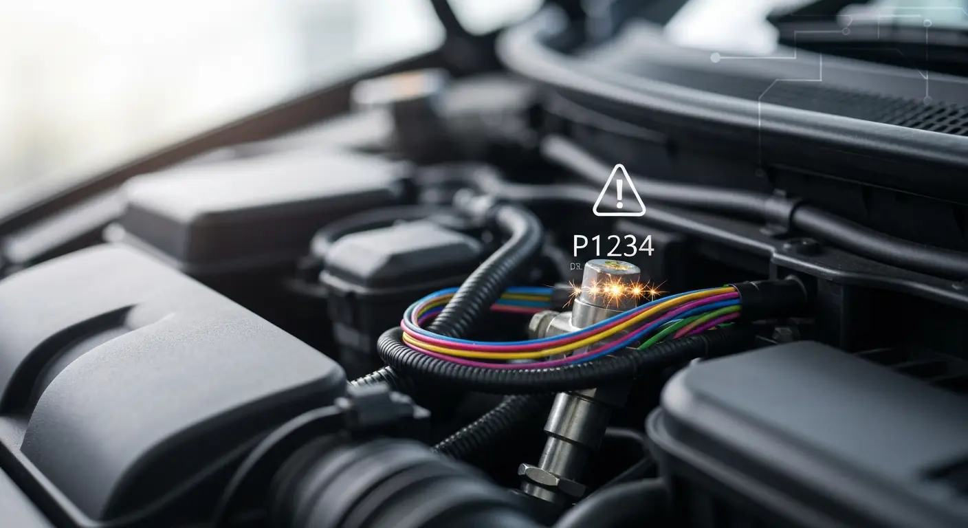 Automobilski motor sa označenim cilindrom 5, prikazujući električni dijagram i neispravnu vezu na injektoru, što ukazuje na problem sa prekidima u radu.