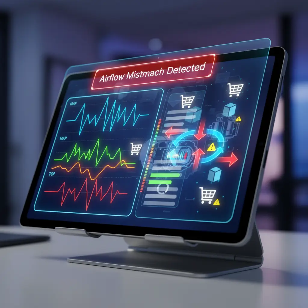 Digitalni prikaz motora automobila sa istaknutim senzorima MAF, MAP, EGR i TP, gde grafikon pokazuje razliku između izmerene i izračunate količine protoka vazduha.