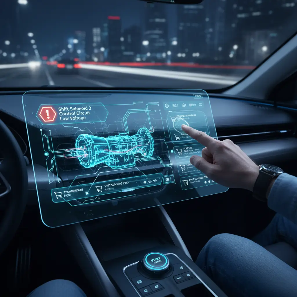 Dijagram automatskog menjača sa označenim shift solenoidom 3 i prikazom niskog napona u TCM kontrolnom kolu.