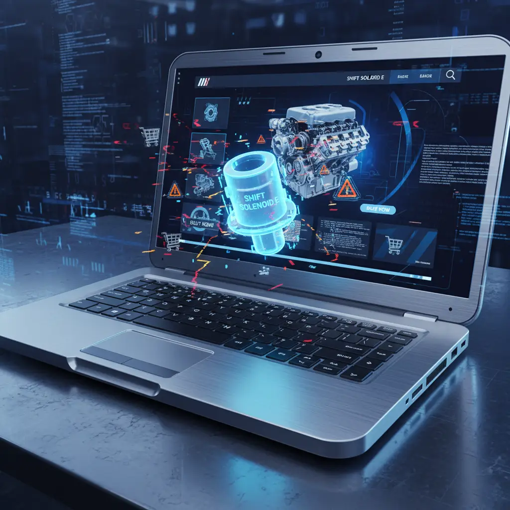 Dijagram automatskog menjača sa označenom pozicijom shift solenoida E i upozorenjem o povremenom kvaru (P0774) na ekranu dijagnostičkog uređaja.