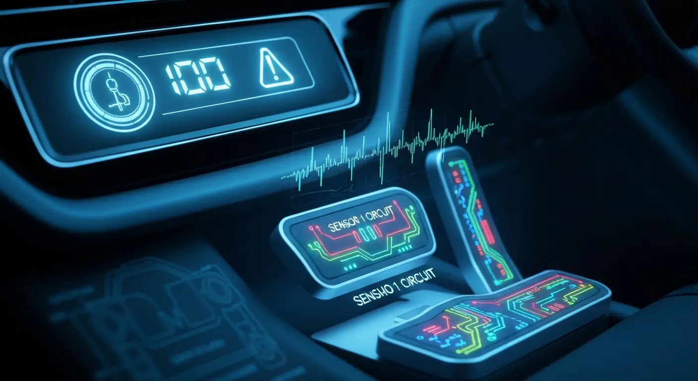 Dijagram električne šeme automobila sa istaknutim položajem senzora za položaj papučice gasa i prikazanim žicama koje vode do ECU jedinice.