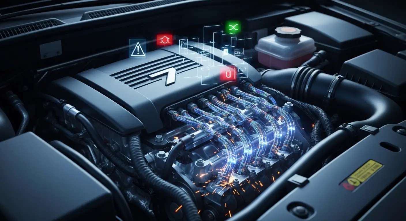 Dijagram motora automobila sa označenim cilindrom 7 i prikazom prekidane veze u injektorskom kolu, ilustrujući P1240 grešku.