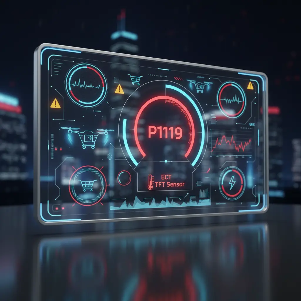 Dijagram motora sa istaknutim ECT senzorom i TFT senzorom, uz upozorenje o vanopseg signalima i mogućem kvaru senzora.