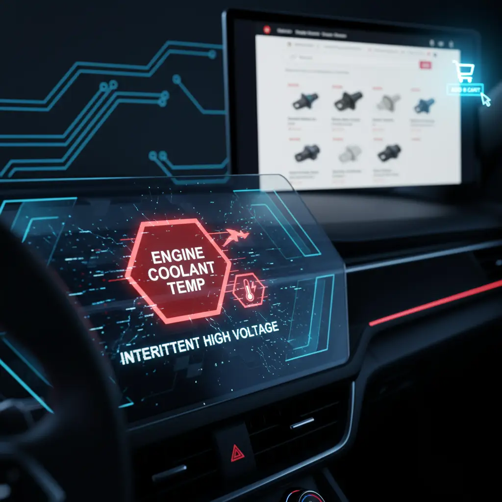 Dijagram motora sa istaknutim ECT senzorom, prikazujući talasaste linije koje simbolizuju nestabilan visok napon u električnom krugu senzora.