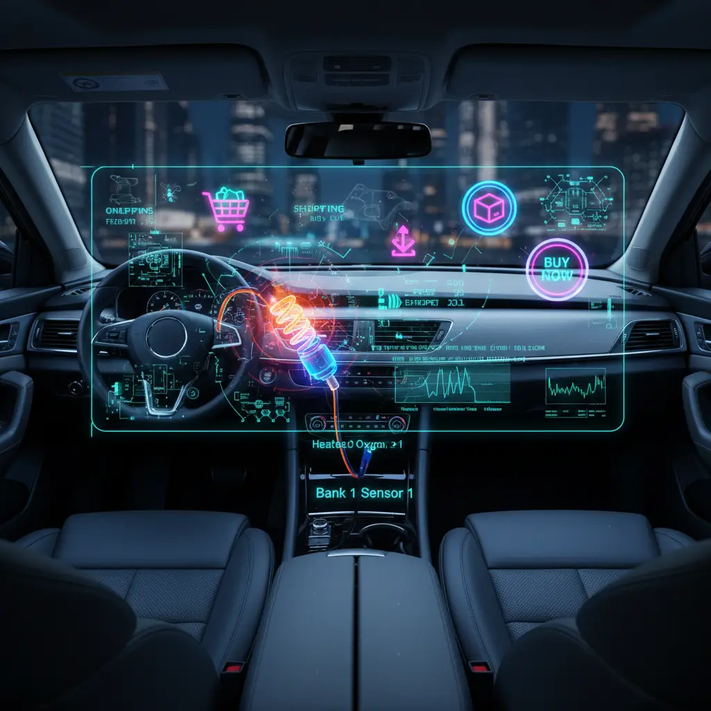 Dijagram prikazuje lokaciju senzora zagrejanog kiseonika (HO2S) Banka 1 Senzor 1 u motornom prostoru automobila, sa istaknutim žicama i konektorom.