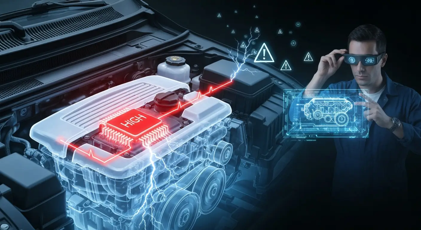 Dijagram prikazuje motor vozila sa označenom cilindrom 3, gde je senzor detektovao visok izlazni impuls (IC Output High), što ukazuje na mogući problem sa uzemljenjem GND_Cyl 3. Na slici su prikazani električni konektori i signalne linije koje vode do ECU-a.