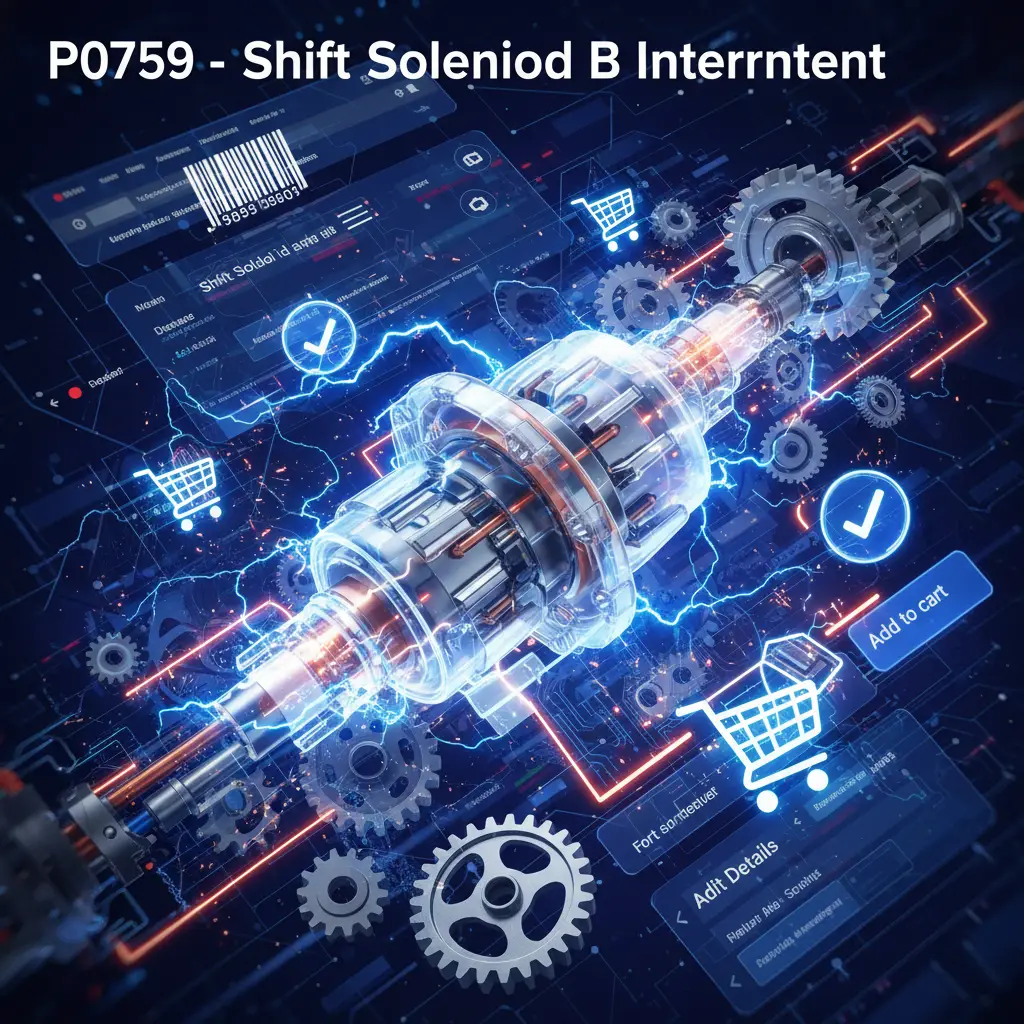 Ilustracija automatskog menjača sa označenim shift solenoidom B i upozoravajućim znakom za grešku P0759 – povremeni problem u radu solenoida.