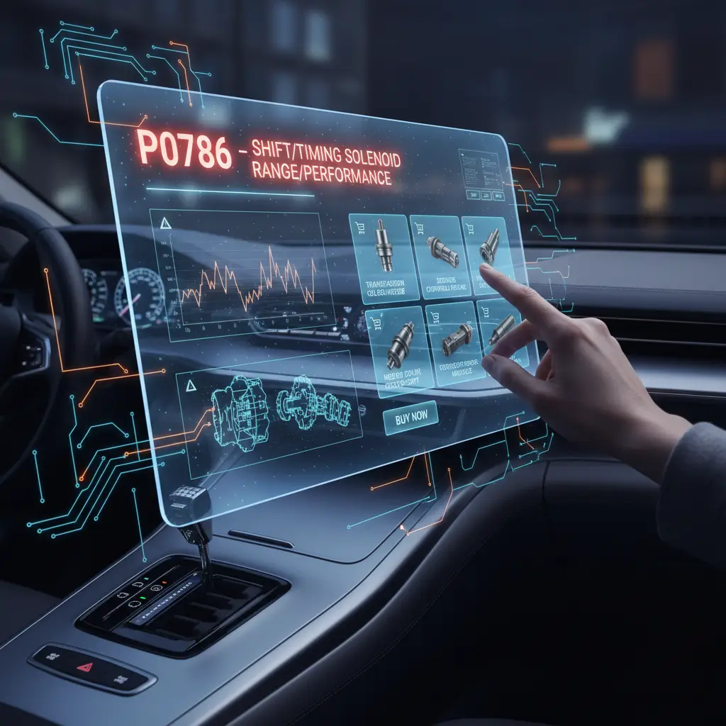 Ilustracija automatskog menjača sa označenom shift/timing solenoidom i upaljenim check engine svetlom na instrument tabli. Dijagram prikazuje tipičnu grešku P0786 i tok signala kroz solenoid.