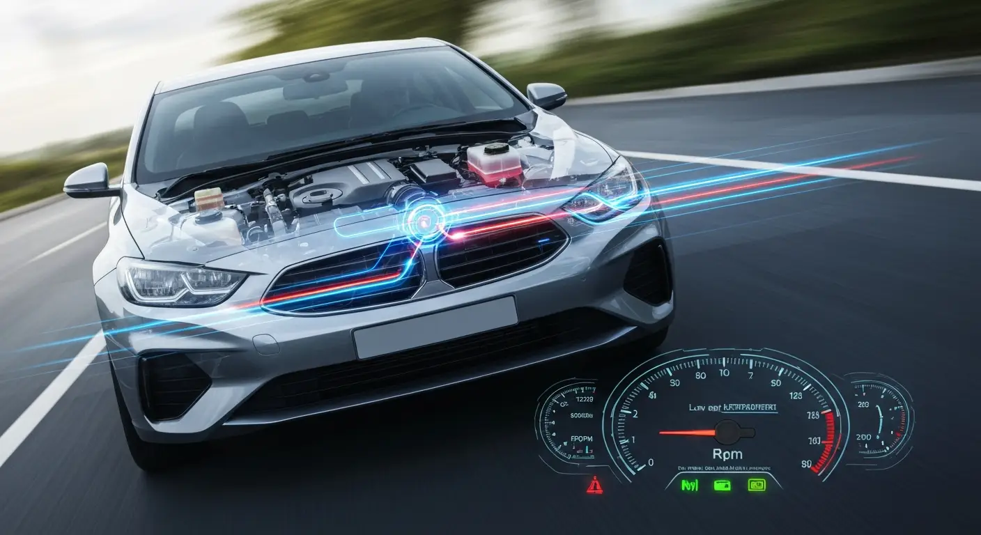 Ilustracija automobila sa istaknutim motorom, gde grafikon pokazuje pad mešavine goriva tokom ubrzanja, ukazujući na problem sa lean (siromašnom) smešom pri ubrzanju.