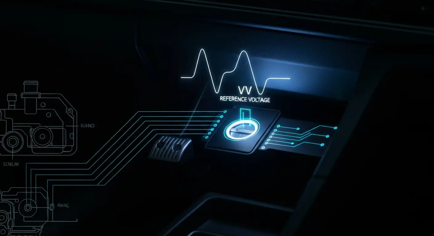 Ilustracija automobila sa istaknutim motorom i prikazom senzora položaja leptira gasa povezanog sa voltmetrom koji meri referentni napon.