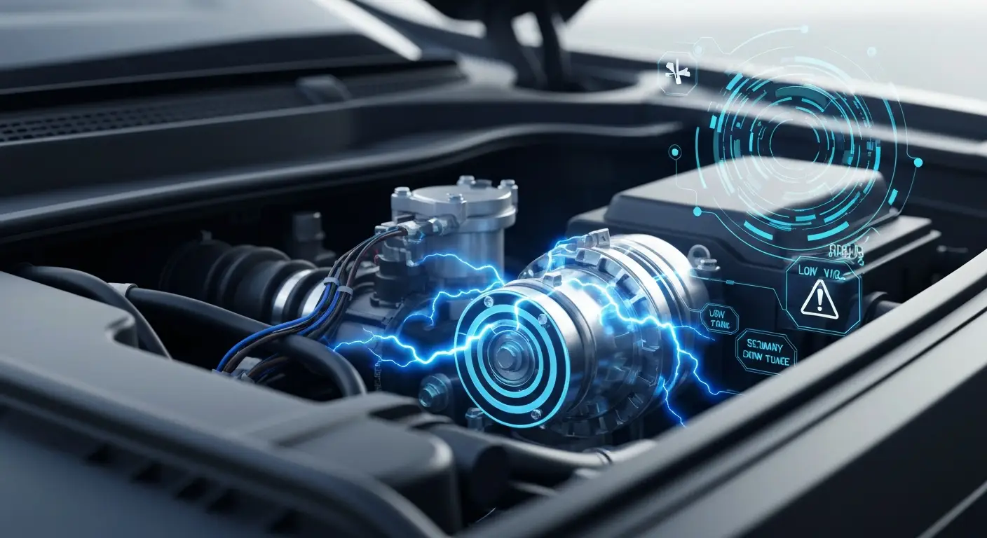 Ilustracija automobila sa upaljenom lampicom motora na kontrolnoj tabli, dok mehaničar proverava električne kablove oko rezervoara za gorivo.