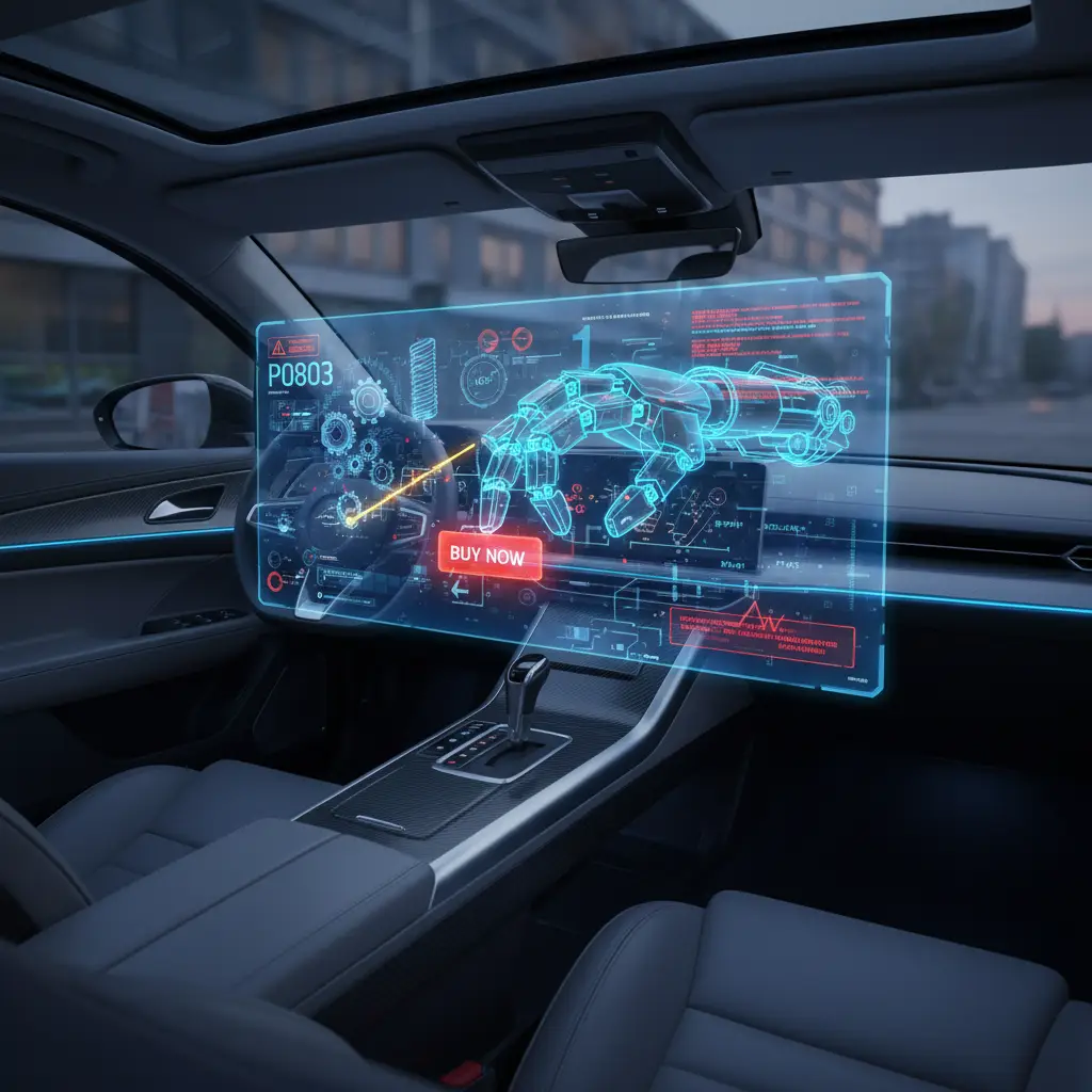 Ilustracija automobilske instrument table sa upaljenom lampicom za proveru motora i prikazom dijagnostičkog koda P0803, koji ukazuje na problem sa solenoidom za preskakanje brzina (skip shift).