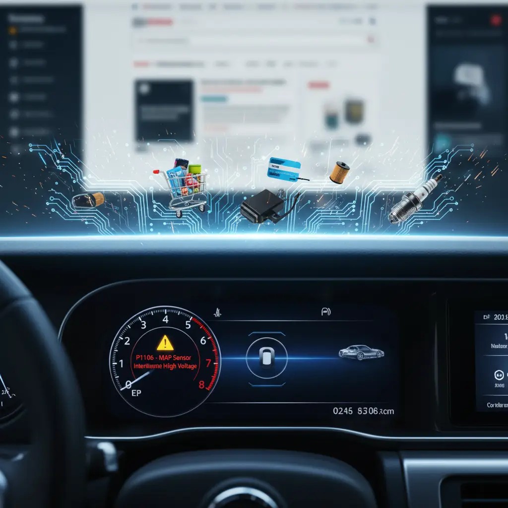 Ilustracija automobilske kontrolne table sa upaljenom lampicom za proveru motora i prikazom MAP senzora sa talasastim električnim signalom koji ukazuje na povremeno visoki napon.