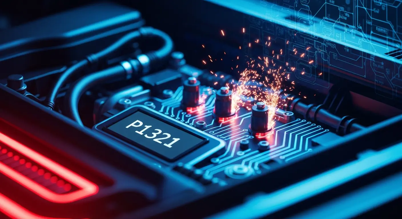 Ilustracija elektronskog sistema paljenja sa označenom linijom kvara P1321, gde crvena strelica pokazuje na problematičan deo električnog kola motora.