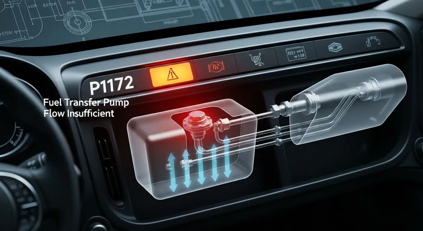Ilustracija prikazuje automobil sa upaljenom lampicom za motor na instrument tabli, dok mehaničar proverava pumpu za gorivo ispod haube zbog greške P1172 - nedovoljan protok goriva.