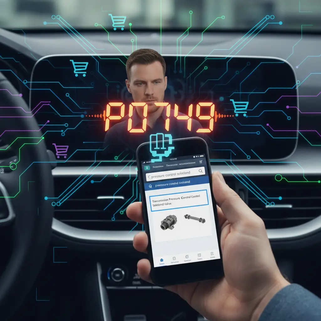 Ilustracija prikazuje automobil sa upaljenom lampicom za proveru motora i dijagram automatskog menjača koji ističe pressure control solenoid, uz upozorenje o povremenim problemima sa pritiskom.