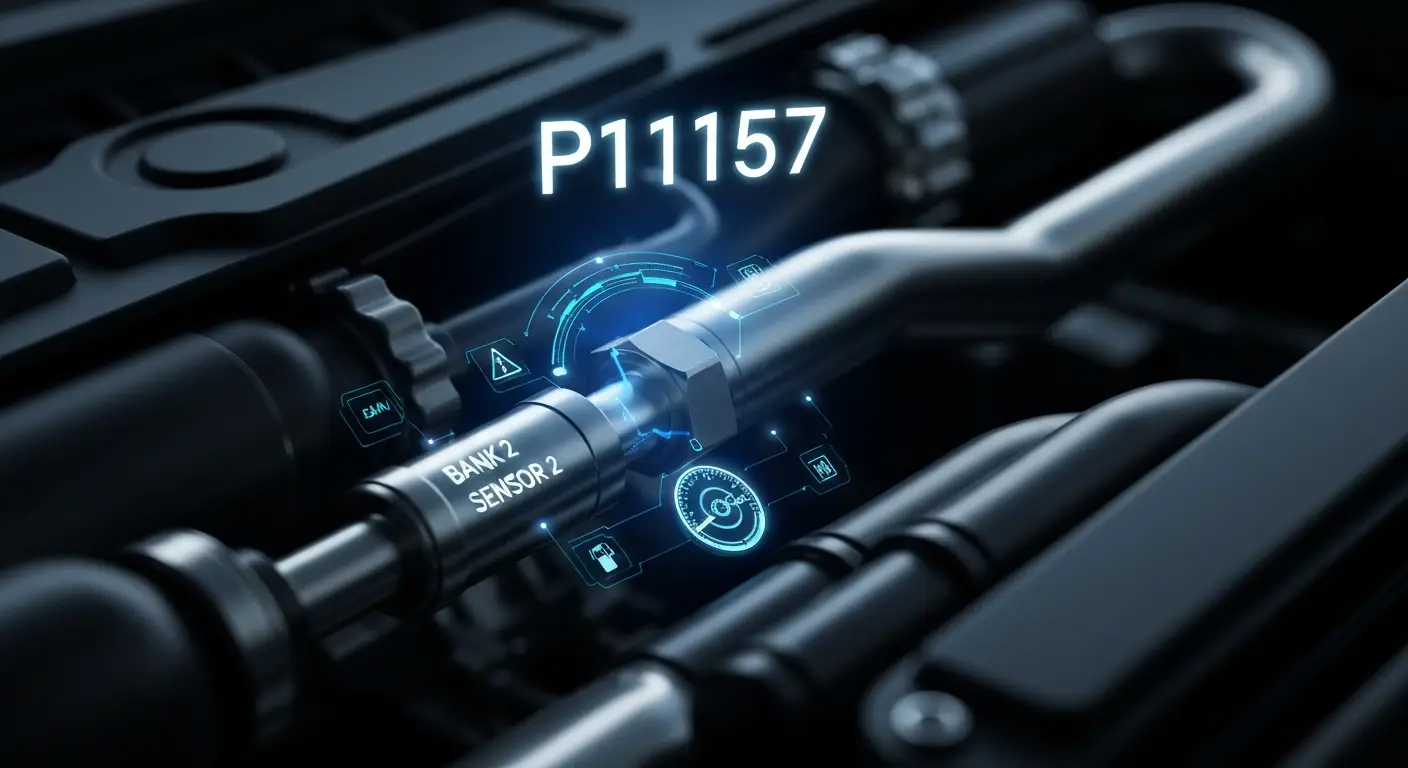 Ilustracija prikazuje automobilski motor sa istaknutim senzorem zagrejanog kiseonika (HO2S) na banci 2, senzor 2, uz signal niskog napona koji označava lean (siromašu) smešu.