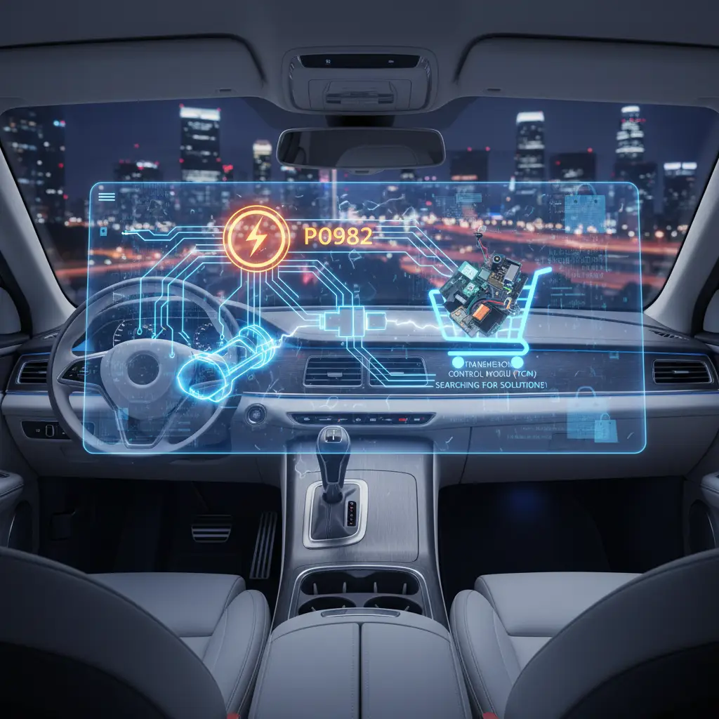 Ilustracija prikazuje automobilsku elektronsku kontrolnu jedinicu (TCM) koja detektuje visok napon u kontrolnom kolu četvrtog shift solenoida (SS4), sa dijagramom žica i upozorenjem na ekranu.