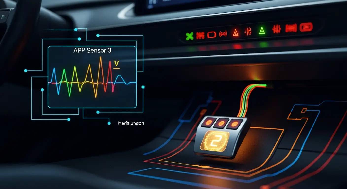 Ilustracija prikazuje automobilsku komandnu tablu sa upaljenom lampicom za grešku i digitalnim prikazom koda 